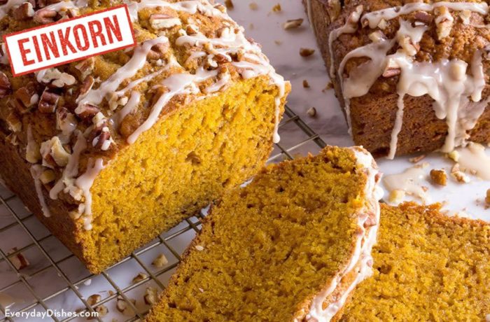 Some pumpkin bread made with einkorn wheat, sliced and ready to enjoy.