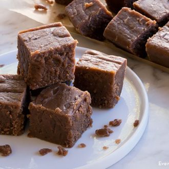 Freshly made grandma's peanut butter fudge, cut into squares.