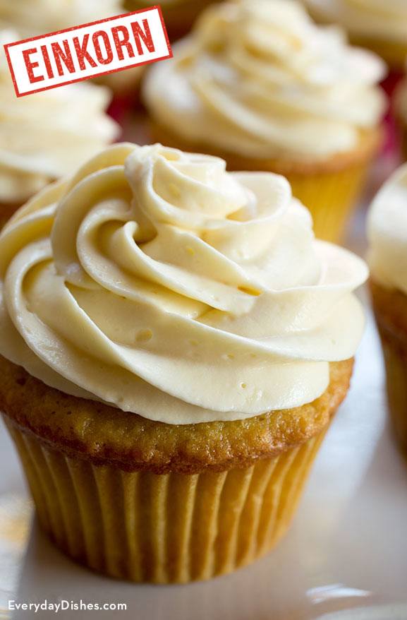 einkorn yellow cupcakes with vanilla frosting