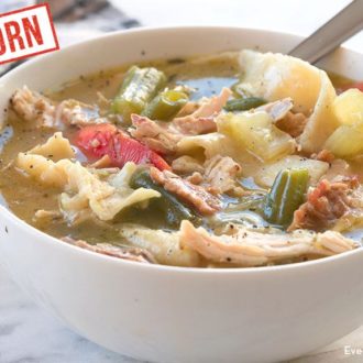 A hearty bowl of einkorn chicken noodle soup