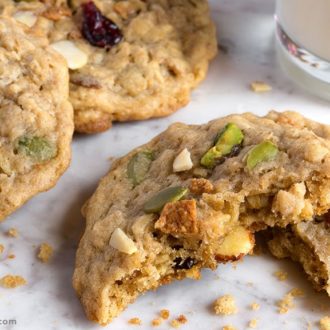 A batch of chewy trail mix oatmeal cookies.