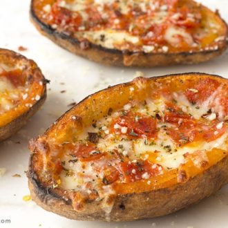 Delicious pizza potato skins, ready to serve