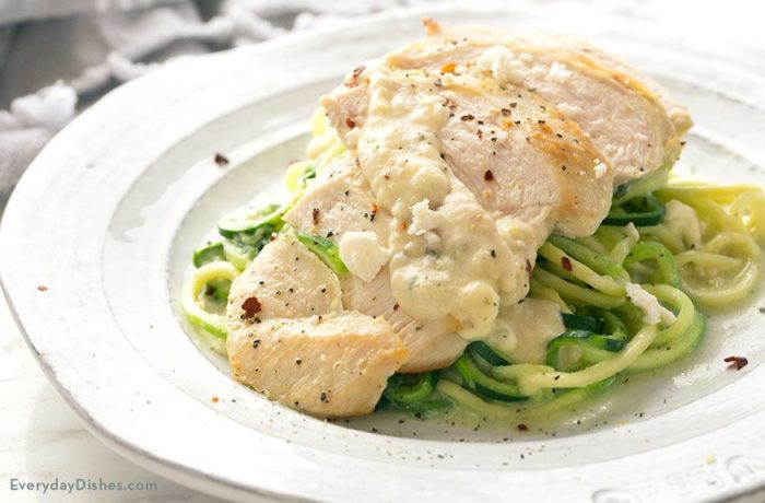 A plate of delicious feta chicken with zoodles, the perfect dinner