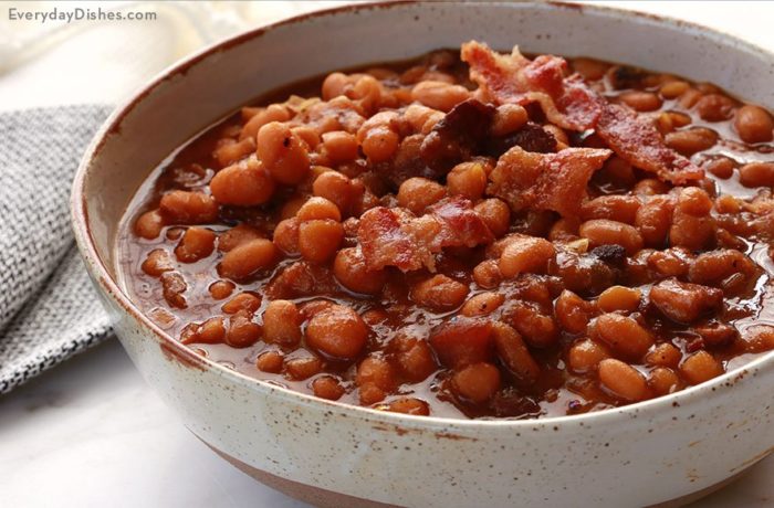 A delicious bowl of delicious slow cooker Boston baked beans.
