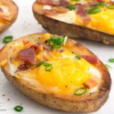 A freshly made batch of delicious breakfast potato skins.