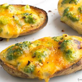 A batch of tasty broccoli cheese potato skins — a great snack or appetizer.
