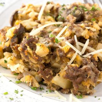 A plate of a delicious low-carb cauliflower hamburger casserole — the best dinner.
