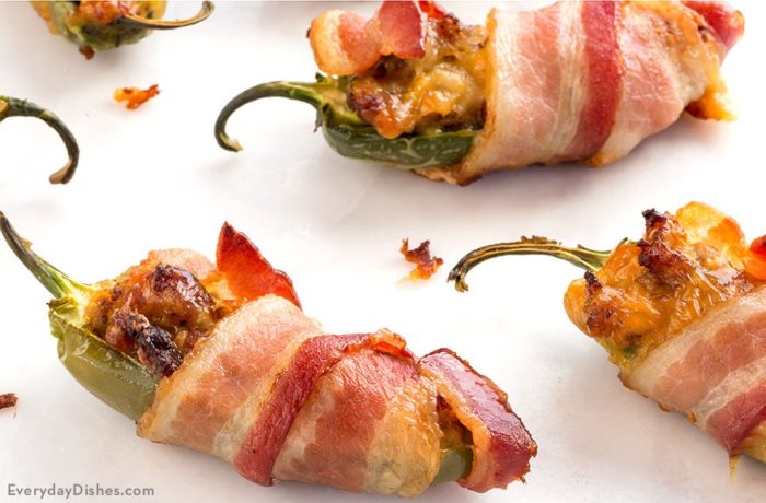 Freshly made bacon-wrapped jalapeño poppers, ready to snack on.