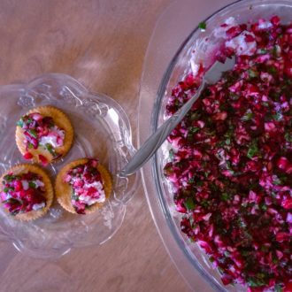 A bowl of a cranberry salsa with cream cheese, topped on some crackers.