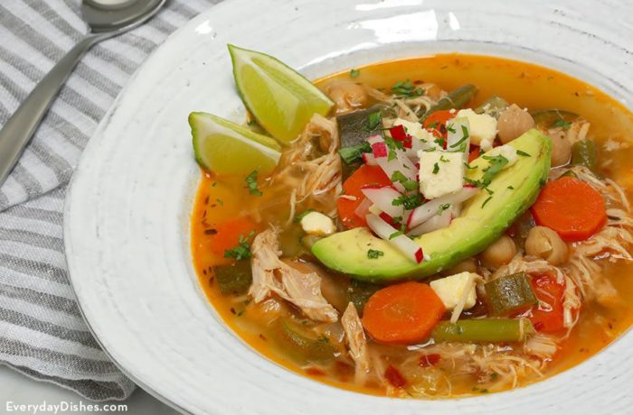 Low carb chipotle chicken and vegetable soup, in the bowl and ready to enjoy for dinner
