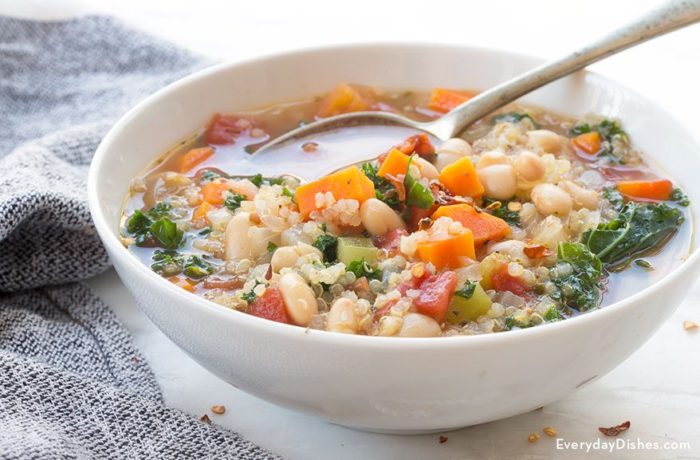 A bowl of delicious white bean quinoa soup