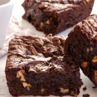 A batch of chewy einkorn chocolate brownies, cut up and ready to enjoy.