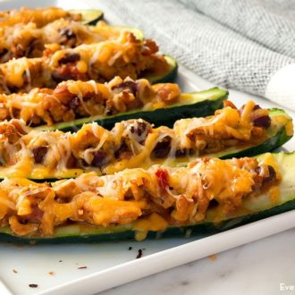 A plate with a fresh batch of chili cheese zucchini boats, a great party appetizer.