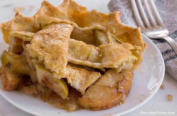 A piece of homemade einkorn apple slab pie.