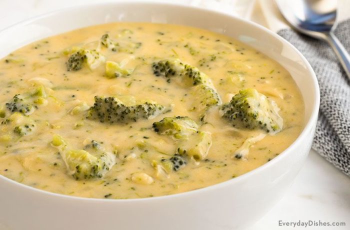A bowl of einkorn broccoli cheese soup.