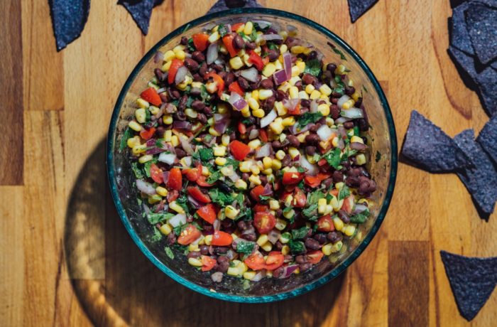 A bowl of freshly made corn and black bean salsa