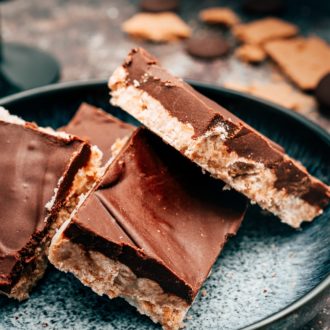 Chocolate peanut butter squares on a plate, a great dessert or snack for kids.