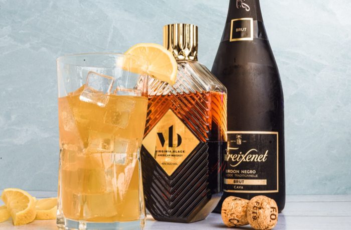 A whiskey champagne cocktail made with Virginia Black Whiskey.