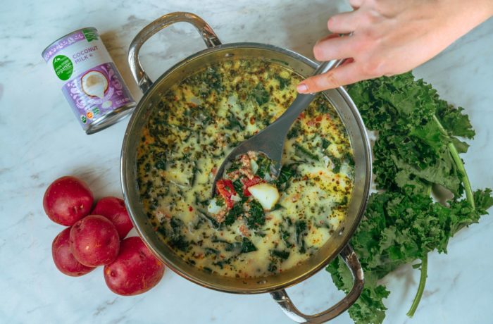A pot of Whole 30 approved zuppa toscana soup