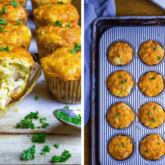 A pan of freshly baked ham and cheese low carb muffins.