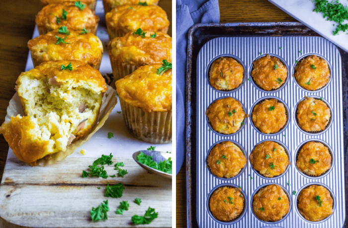 A pan of freshly baked ham and cheese low carb muffins.