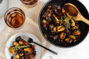 Crispy Air Fryer Brussels Sprouts with Bacon & Maple Balsamic Glaze