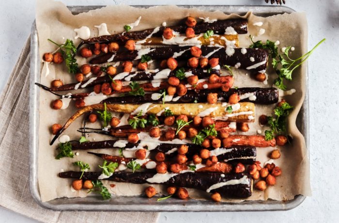 Roasted carrots with tahini and chickpeas, a healthy vegan Thanksgiving side dish