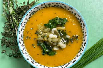 Sweet Potato Soup with Hominy & Lima Bean