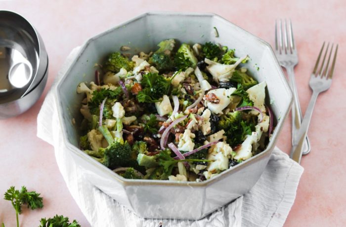 A bowl of delicious broccoli cauliflower salad