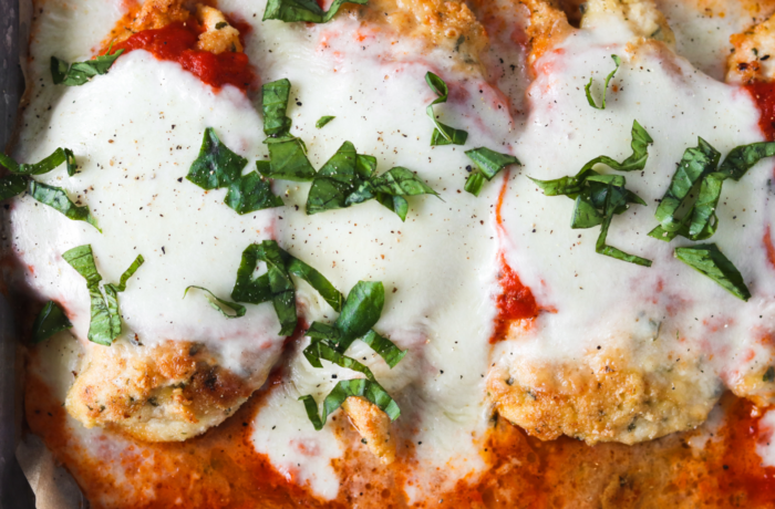 A close up of delicious Keto chicken parmesan, ready just in time for dinner.