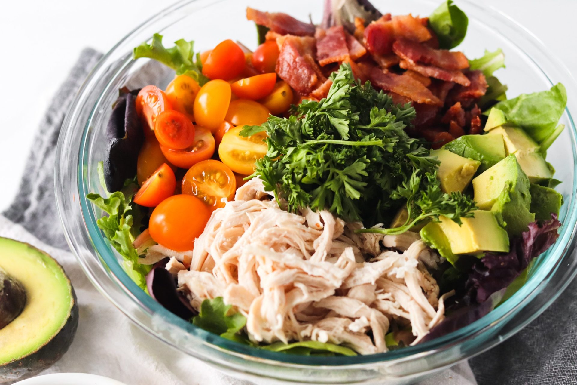 macro friendly high protein recipe BLT Chicken salad with avocado