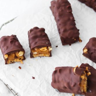 Delicious vegan Snickers bars, ready to enjoy.