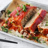 A delicious keto meatloaf, sliced and ready for dinner.