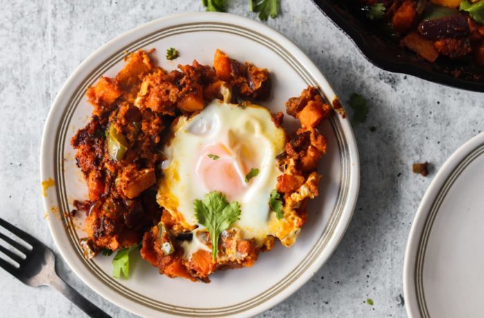 A plate of a delicious chorizo breakfast skillet, ready to enjoy and start the day.