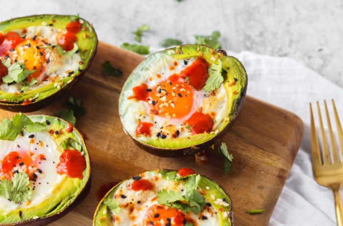 Baked avocado and eggs, ready to serve.