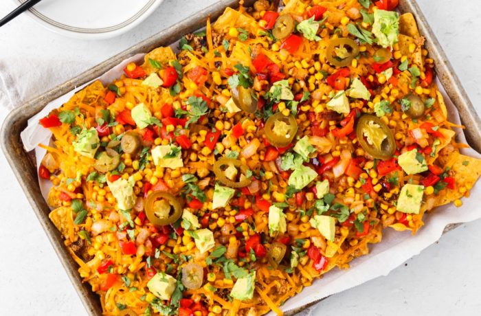 A pan of easy-to-make vegan nachos