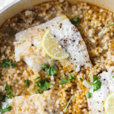 A pot of freshly made lemon cod, ready to serve for dinner