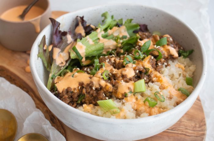 A low carb Korean inspired beef bowl. A high protein lunch or dinner for weight loss.