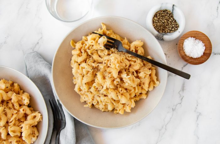 A delicious serving of homemade, high-protein mac and cheese.