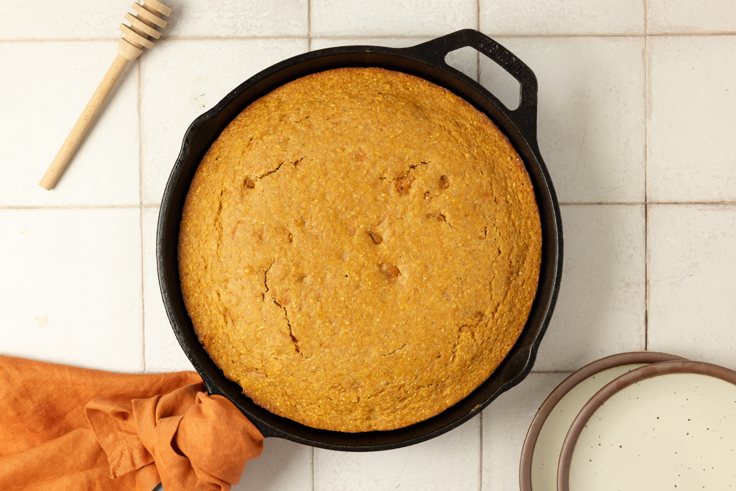 baked cornbread in a cast iron skillet